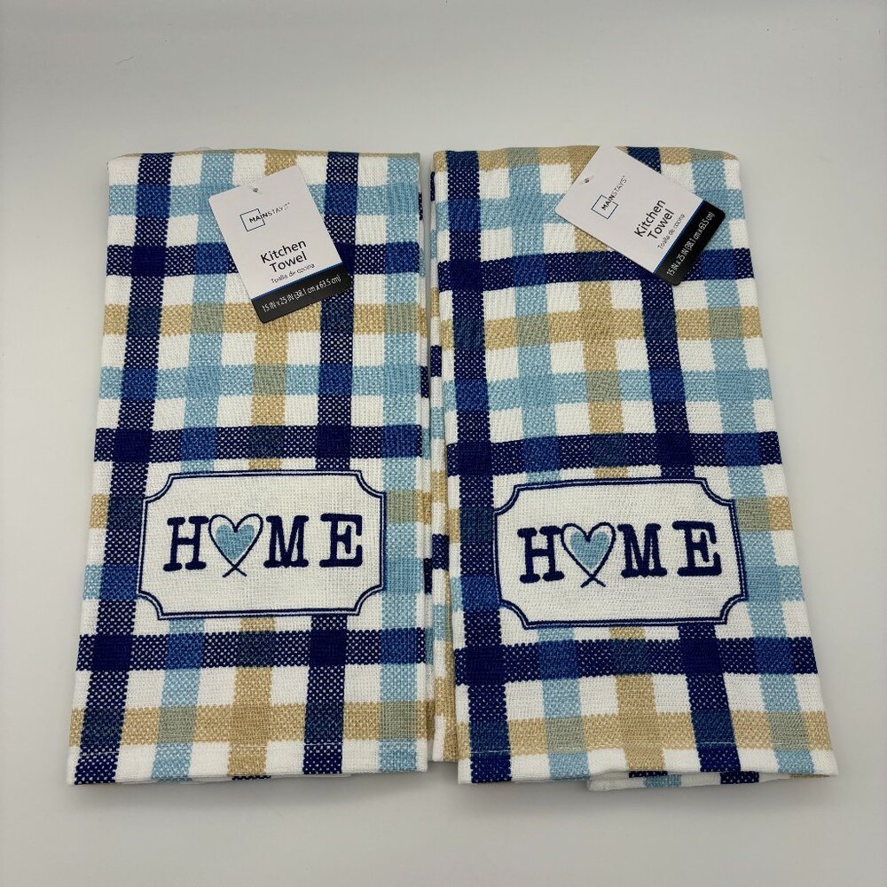 NWT Mainstays Cotton Kitchen Towels, Blue Beige Plaid Check Home Print (x2) NEW